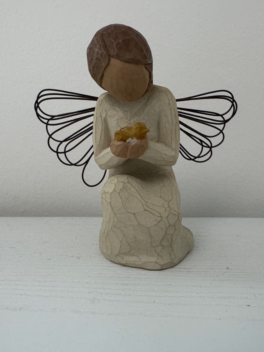 Willow Tree Beige Angel Figurine with Brown Hair and Black Wire Wings